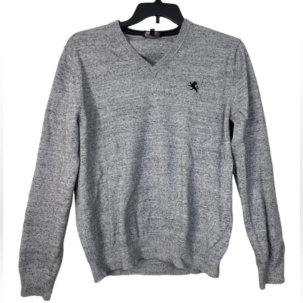 Express V-Neck Sweater Pullover Embroidered Logo Gray Cotton men’s  Size L
